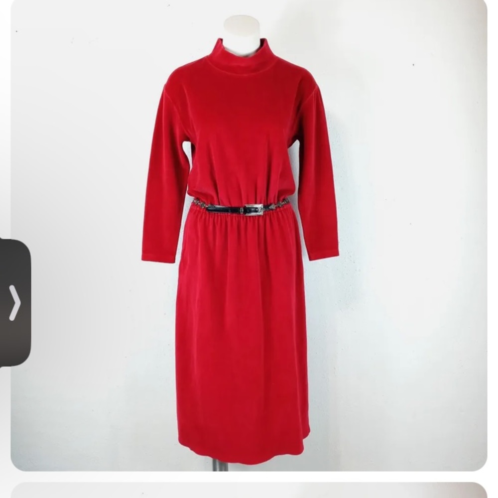 Vintage L.L. Bean Size Medium Cotton Blend Dress Long Sleeve Red Velour Maxi